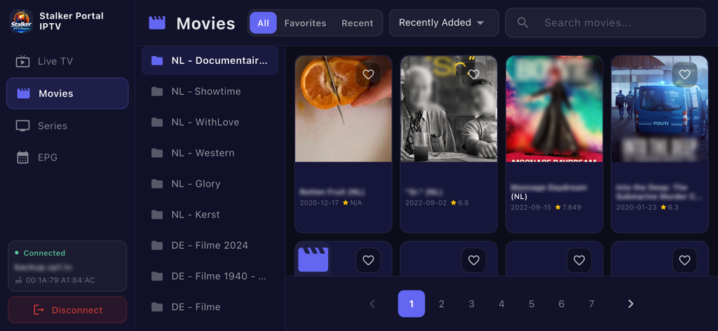 Stalker Portal IPTV movies section featuring movie categories and poster grid on a dark themed interface