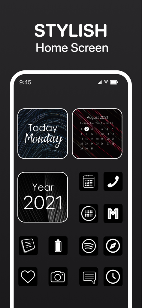 Calendar Widget - Date Widgets - Dark aesthetic iPhone home screen featuring custom calendar widgets and monochrome icons