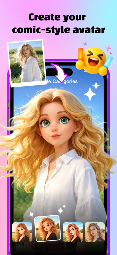 PixelMint – AI Photo Magic - La pantalla de un smartphone mostrando la interfaz de la aplicación PixelMint transformando una foto real en un avatar de estilo cómic con IA.