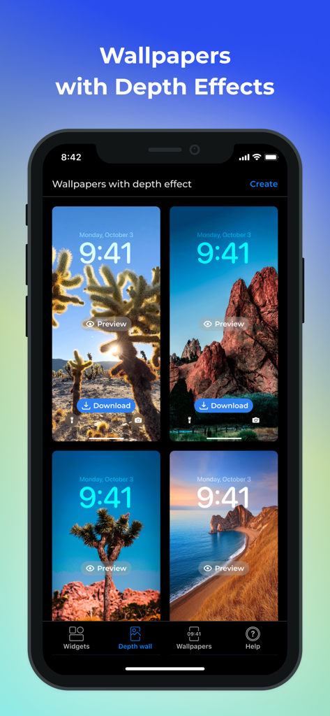 Lock Screen 26 app interface showcasing aesthetic wallpapers with depth effects for iPhone