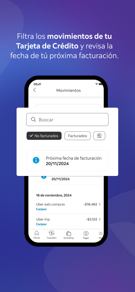 App Scotia - Tela do aplicativo móvel Scotia GO mostrando o histórico de transações do cartão de crédito e a próxima data de fatura.