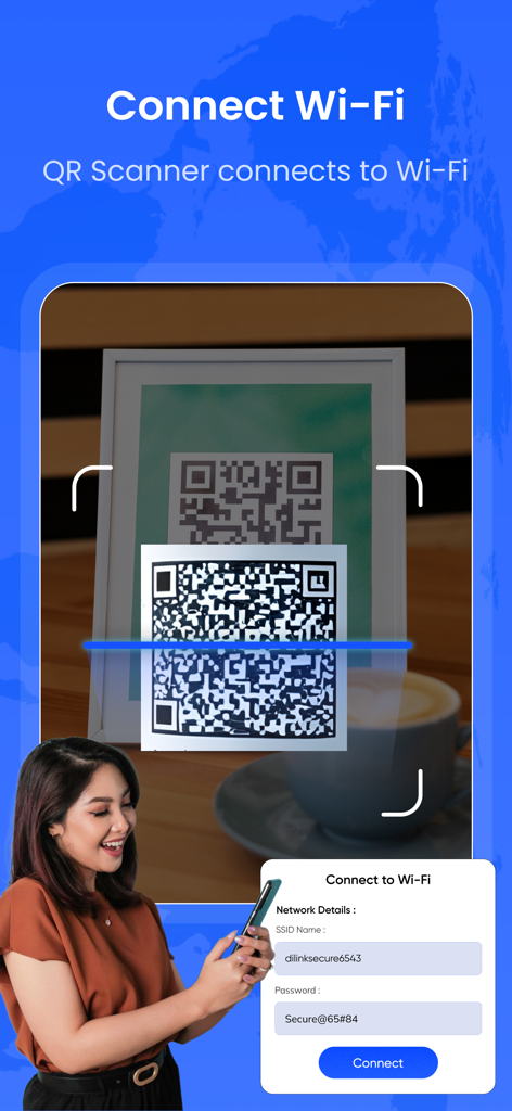 Wifi Password View : Show Key - A woman using the app to scan a QR code for quick WiFi connection and password retrieval