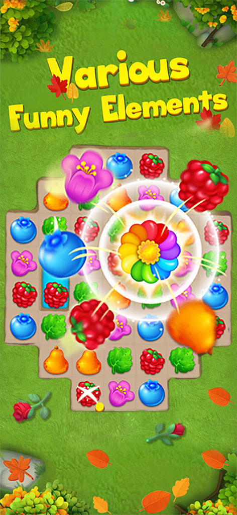 Una colorata tavola da gioco puzzle match 3 con frutti, fiori e un power-up luminoso a forma di fiore arcobaleno