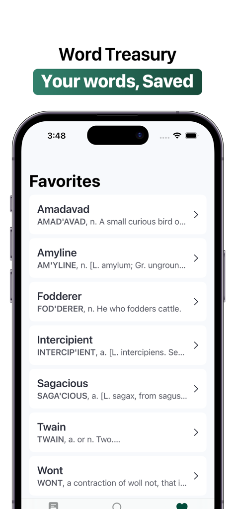 1828 Dictionary - Webster's - List of saved historical words on the Favorites screen of the 1828 Websters Dictionary app