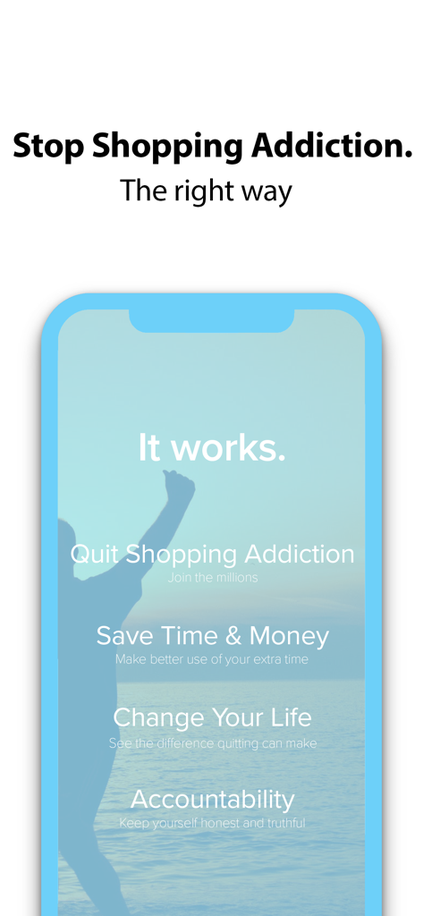 Introductory screen of the Shopping Addiction Calendar app listing benefits like saving time and money.