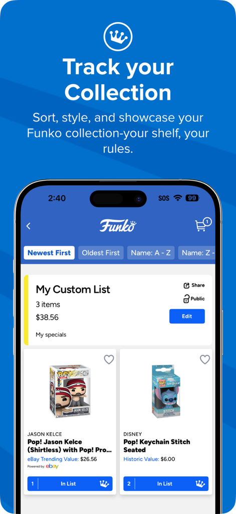 Funko - Mobile app screen showing a custom collection list with market values for Funko Pop figures.
