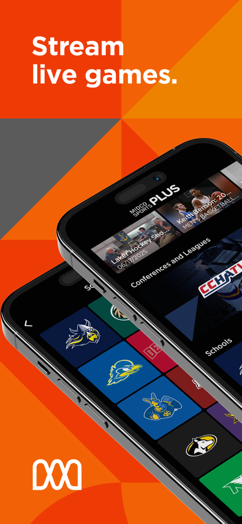 Midco Sports Plus mobile app interface showing live regional college sports streaming options on two iPhones