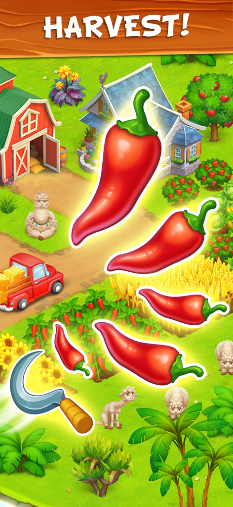 Family Farm - Farming Game - A colorful mobile game screen showing red chili peppers being harvested with a sickle on a tropical farm.