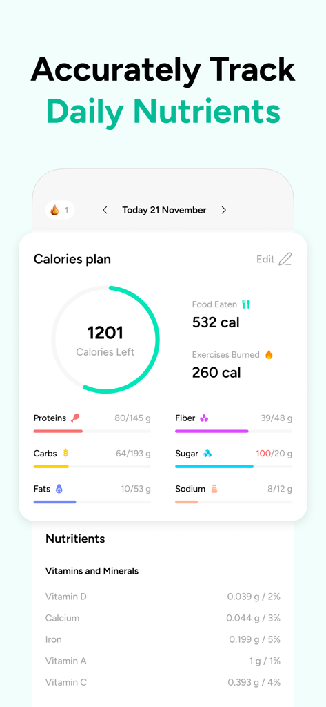 AI Calorie Counter by EatMeter - Una interfaz móvil que muestra un plan de calorías con seguimiento detallado de macronutrientes y vitaminas