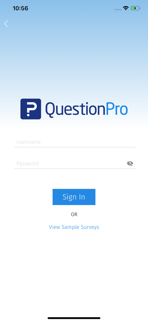 QuestionPro - Offline Surveys - Écran de connexion de l'application QuestionPro Offline Surveys avec des champs pour le nom d'utilisateur et le mot de passe.