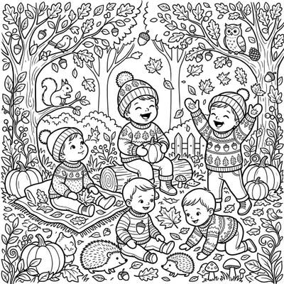 Celebrate the cozy spirit of autumn with this delightful coloring page featuring five joyful babies exploring a festive fall forest. It's an enchanting scene filled with playful characters and seasonal charm, perfect for a relaxing coloring session.