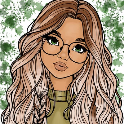 girl with long hair and freckles and glasses realistic