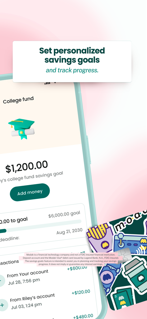 Screen showing a college fund savings goal and progress tracker in the Modak banking app
