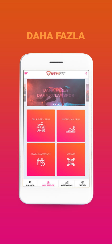 GYMFIT - GYMFIT app dashboard with options for group classes, workouts, reservations and QR code entry