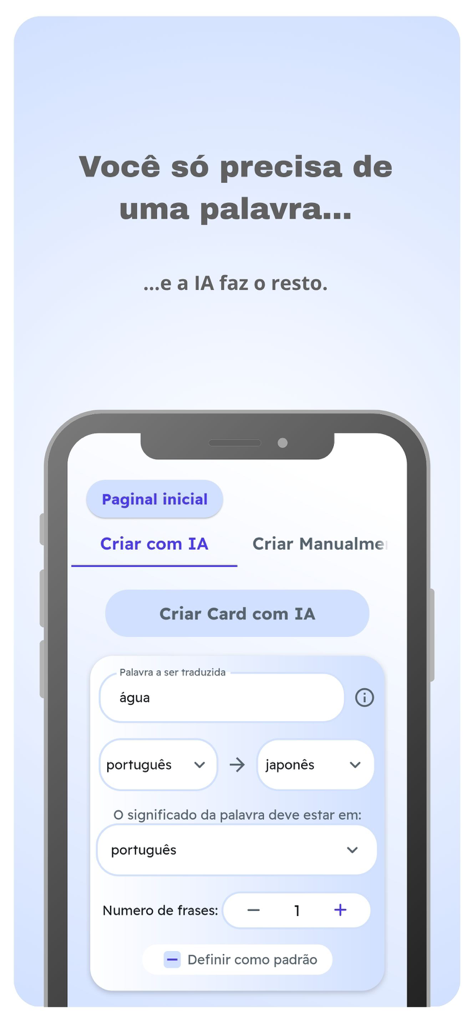 AI Flashcards - Uno schermo mobile che mostra l'interfaccia dell'app AI Flashcards dove un utente può creare schede di studio da una singola parola utilizzando l'intelligenza artificiale.