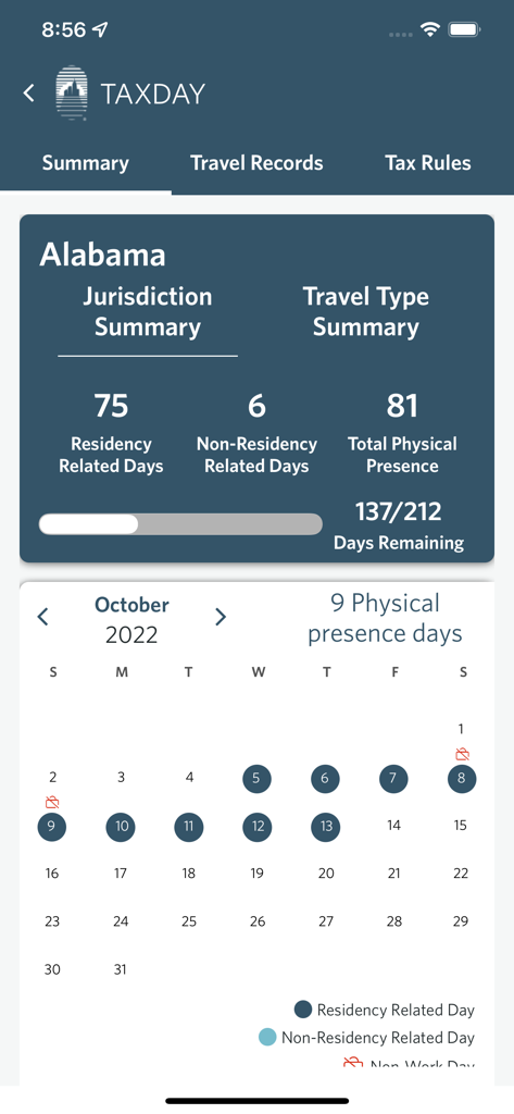 TaxDay app screenshot showing a summary of residency related days in Alabama with a monthly travel calendar