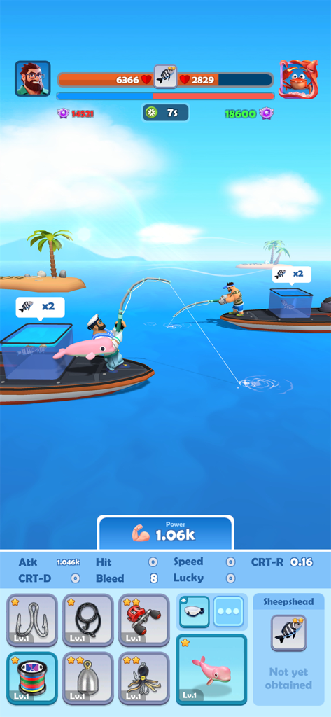 Fishing Frenzy:Idle Hooked Inc - Jugabilidad de Fishing Frenzy mostrando pescadores pescando con menús de mejora de equipo y estadísticas de personajes.