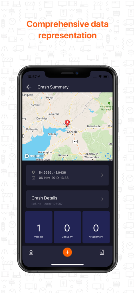 Interface do aplicativo iMAAP mostrando um resumo do acidente com a localização do mapa e representação detalhada dos dados, incluindo contagem de veículos e vítimas