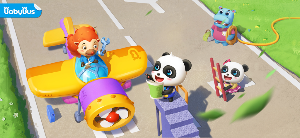 Little Panda and animal friends repairing a yellow toy airplane on a runway