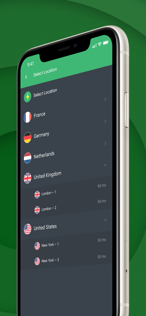 VPN Master Lite - Proxy Server - Screen showing a selection of global VPN server locations in VPN Master Lite