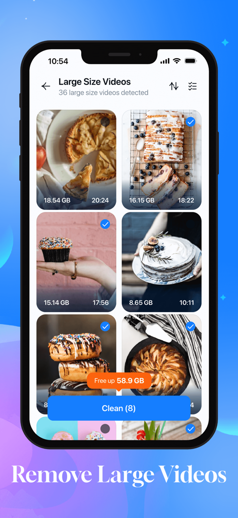 Captura de pantalla de la interfaz de la aplicación Cleaner Assistant que muestra la función de eliminación de videos de gran tamaño con opciones para seleccionar y eliminar archivos para liberar almacenamiento del teléfono