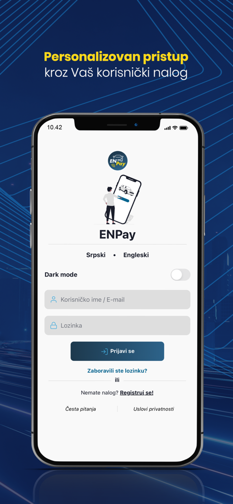 ENPay - ENPay Mobile App-Anmeldeoberfläche mit Benutzernamen- und Passwortfeldern mit Sprachoptionen