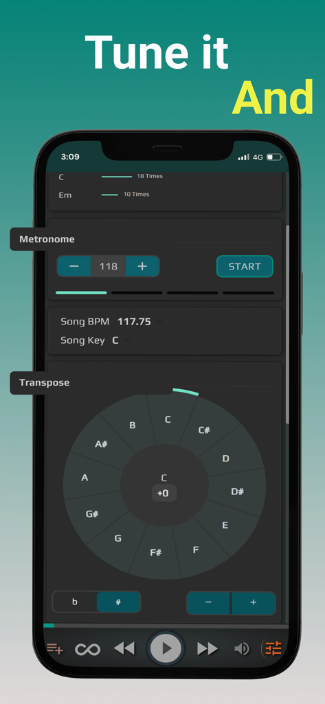 ChordU - get chords & notes - ChordU app interface featuring metronome controls and a musical transpose wheel