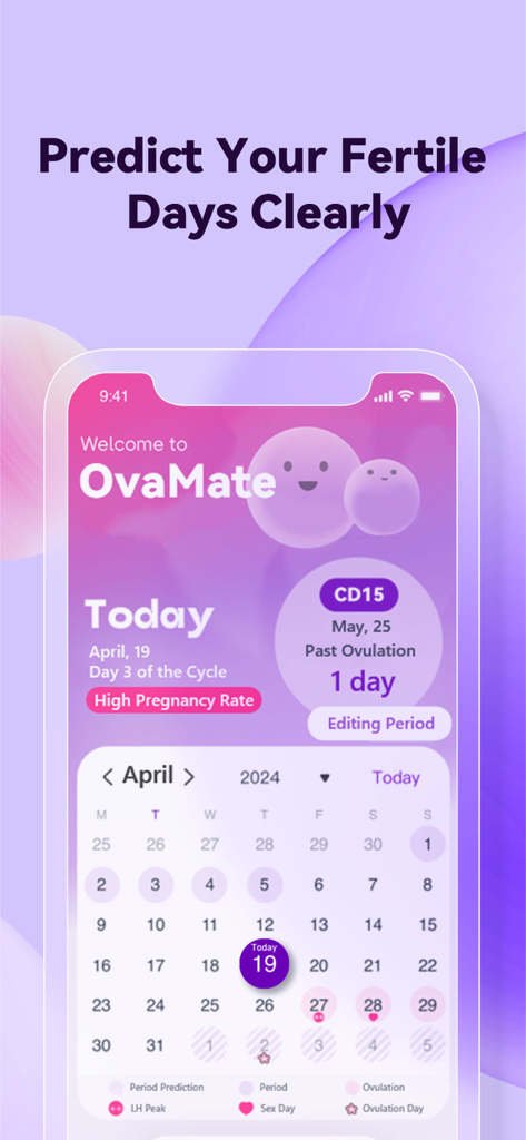 OvaMate - Pantalla de la aplicación OvaMate que muestra un calendario del ciclo menstrual y predicciones de la ventana de fertilidad