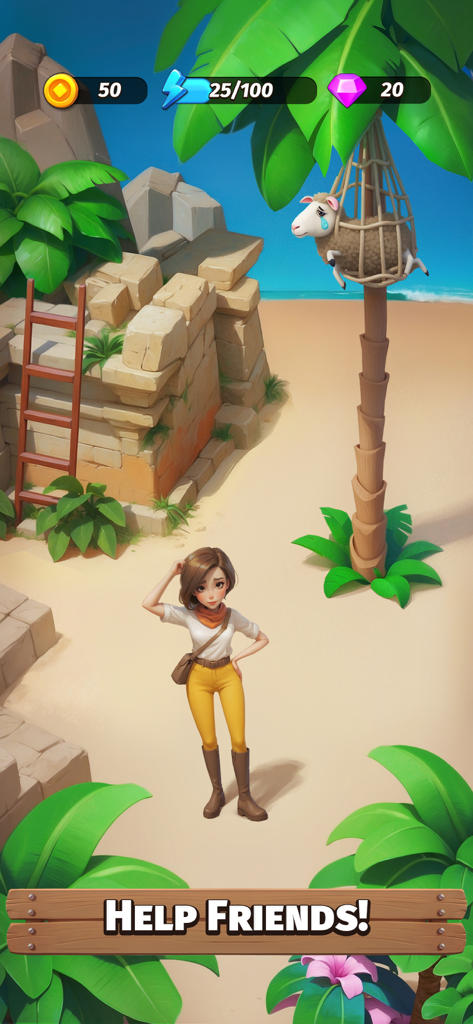 An adventurer looks at a sheep trapped in a net on a palm tree in the game Legendale Adventure Island.