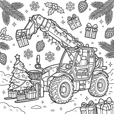 Discover a unique holiday scene with our festive telehandler Christmas coloring page, perfect for those who love machines and seasonal cheer. This detailed line art invites you to bring a touch of yuletide magic to this powerful industrial vehicle.