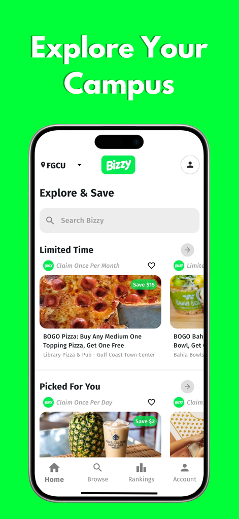 Bizzy - Deals Near Your Campus - A mobile phone displaying the Bizzy app interface with local student discounts and food deals near a university campus