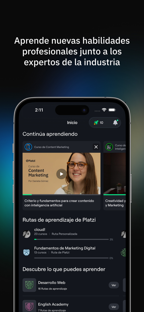 Platzi mobile app interface showing online technology and marketing courses in Spanish