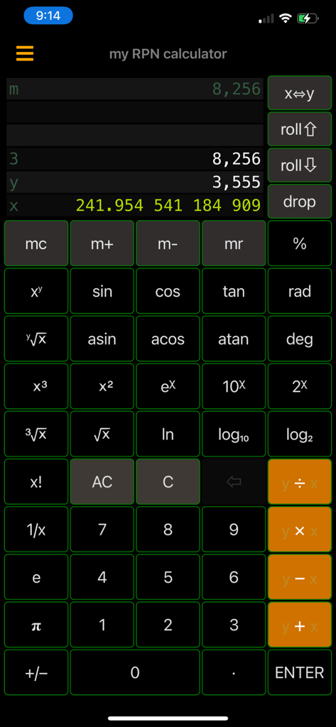 Scientific RPN calculator app interface showing stack values and mathematical operations in dark mode