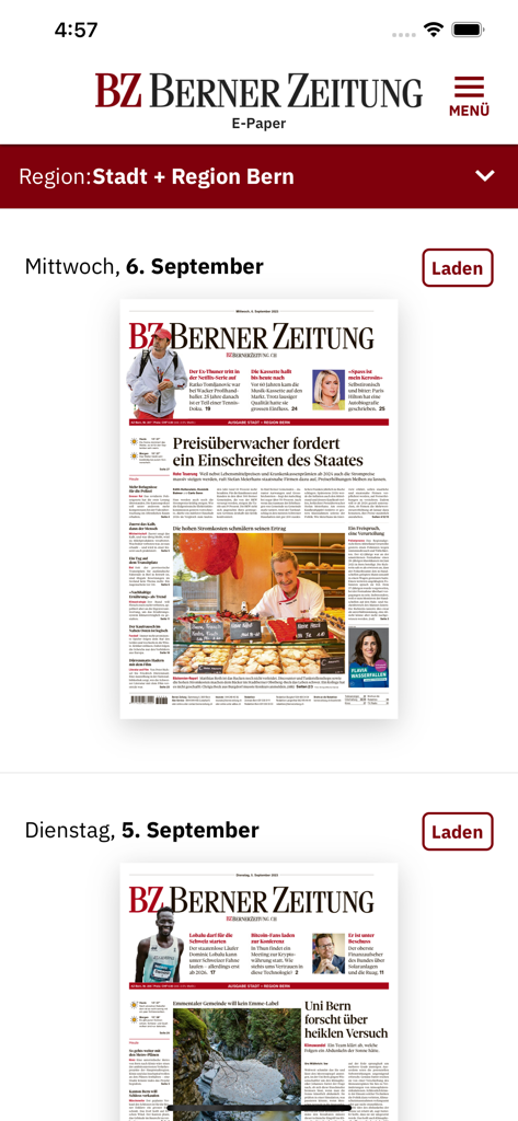 Capture d'écran de l'application BZ Berner Zeitung E-Paper avec les éditions quotidiennes du journal à télécharger
