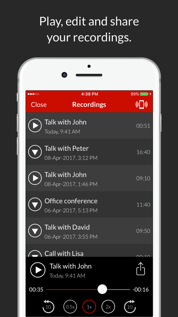 iPhone screen showing a list of recorded phone calls with playback and sharing options