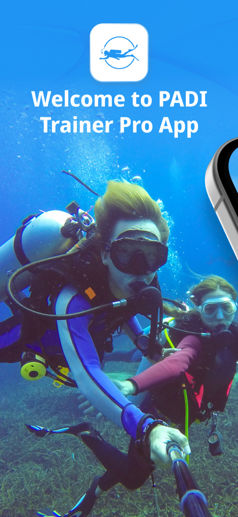 PADI Trainer Pro - Pantalla de bienvenida de la aplicación PADI Trainer Pro con buceadores explorando un arrecife submarino