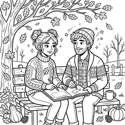 Celebrate the spirit of artistic collaboration amidst the beauty of autumn with this charming coloring page. Two creative partners are shown sharing a moment of inspiration, perfect for a cozy fall coloring session.