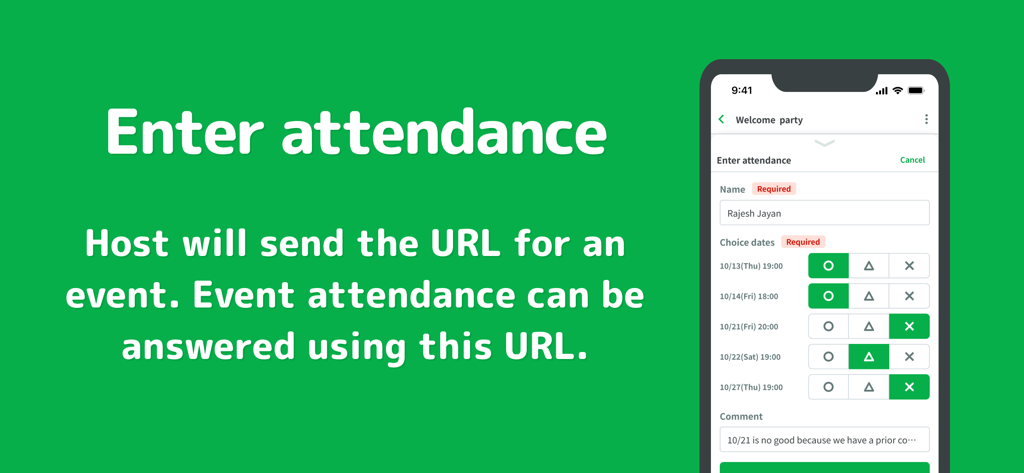 Mobile screen showing the attendance entry feature in Chouseisan app where users select availability with symbols