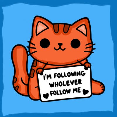 cat with a sign that says i’m following whoever follows me