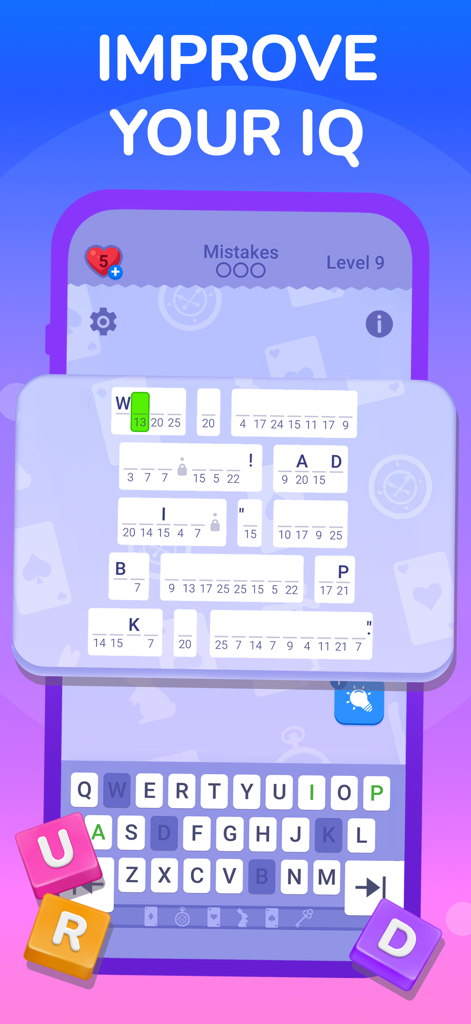 Cryptogram: Word Brain Puzzle - Interfaz del juego de puzzles de palabras Cryptogram que muestra un nivel para descifrar con el texto Mejora tu CI