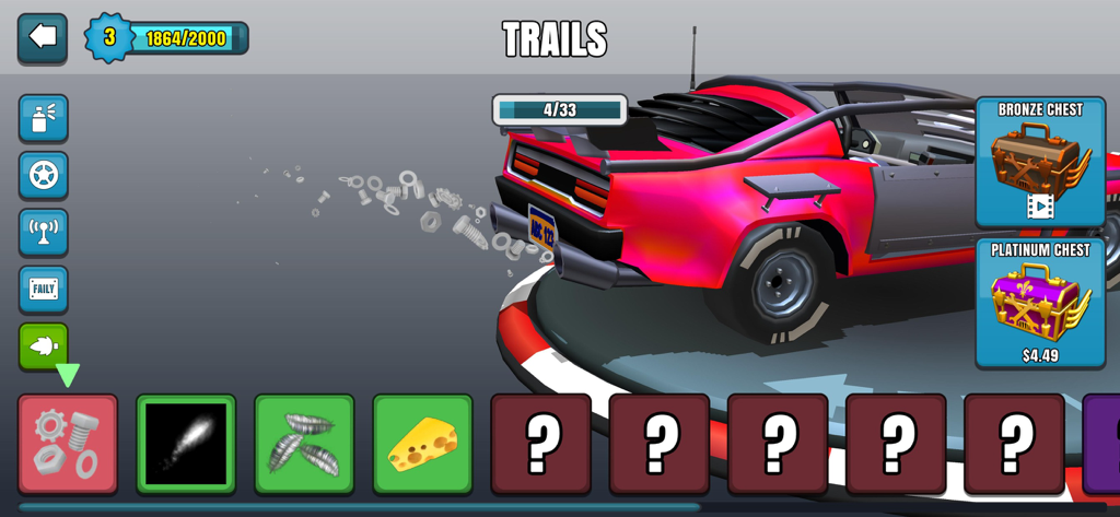 Faily Brakes 2 - Car customization screen in Faily Brakes 2 showing the selection of exhaust trails like nuts and bolts