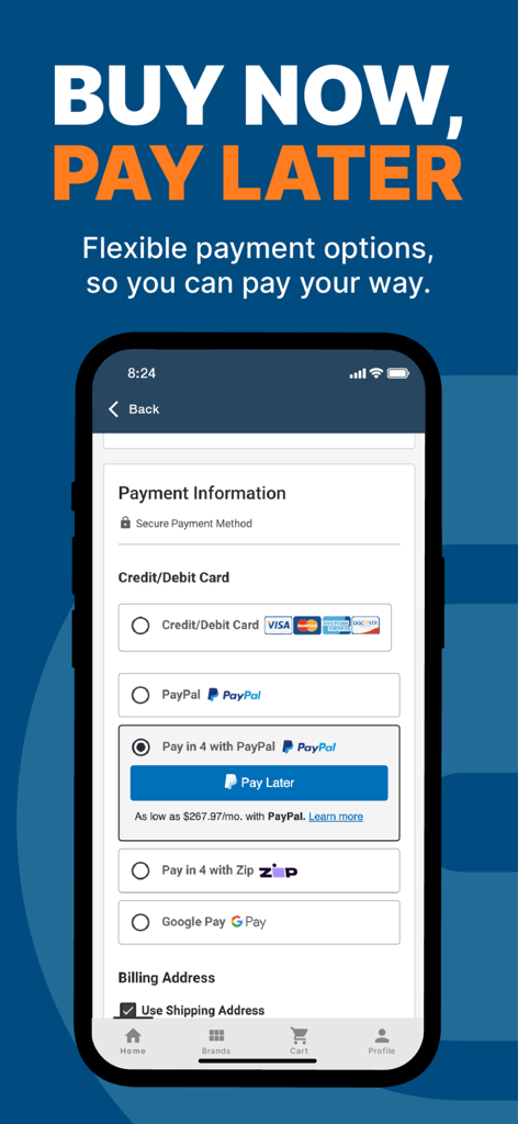 CarParts.com - CarParts.com app interface showing flexible payment methods like Buy Now Pay Later