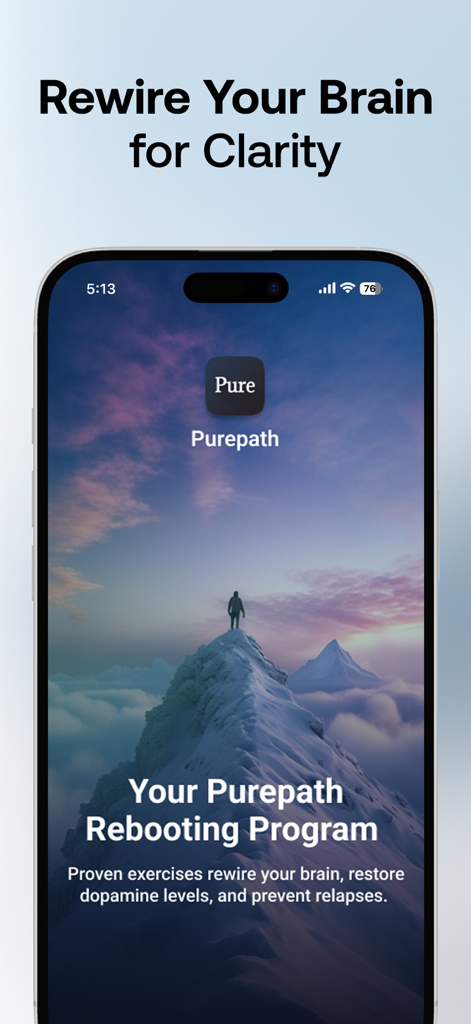 Purepath - Quit Porn Now - Purepath App Splashscreen mit dem Gehirn-Neuverdrahtungsprogramm für mentale Klarheit