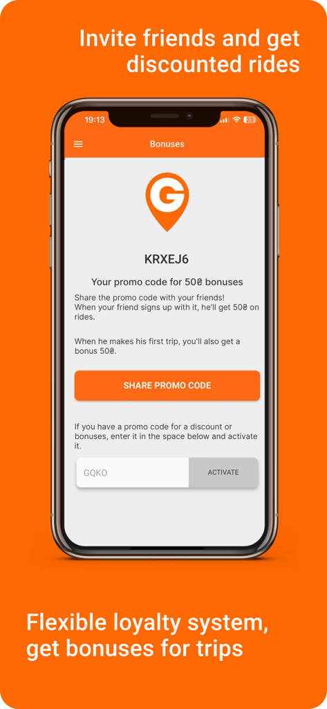 Getmancar app interface for sharing referral codes and earning trip bonuses.