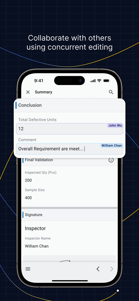 TBY Inspection Pro - Interfaz de la aplicación móvil TBY Inspection Pro que muestra la edición concurrente en un resumen de informe de control de calidad por parte de múltiples usuarios