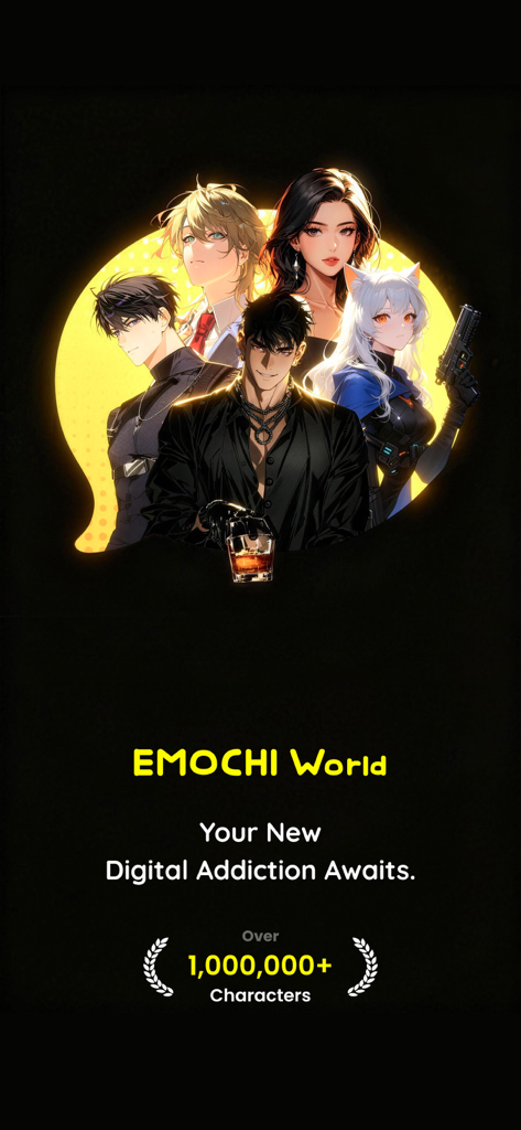 Uma imagem promocional para EMOCHI World mostrando vários personagens de IA estilo anime e o texto Sua Nova Vício Digital Aguarda.