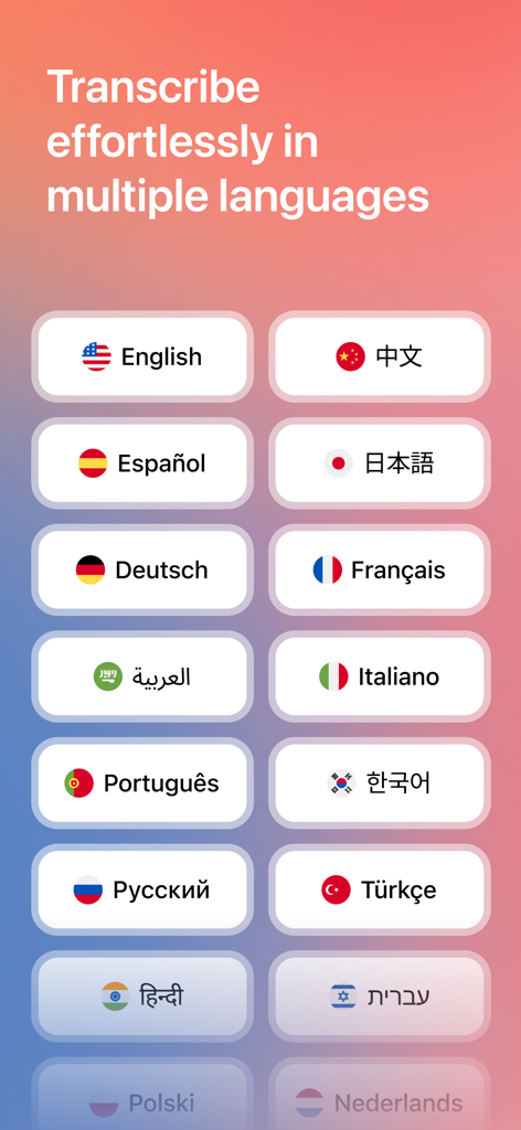 Cue - Smart AI Meeting Notes - A screen showing various language options for AI transcription in the Cue meeting notes app