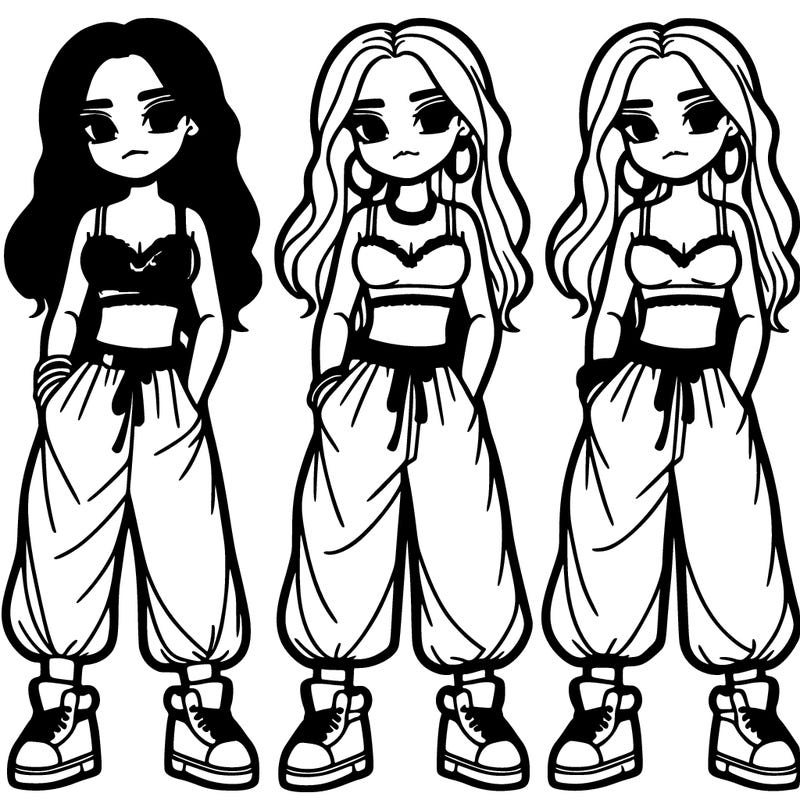 girl in baggy pants crop top and long hair