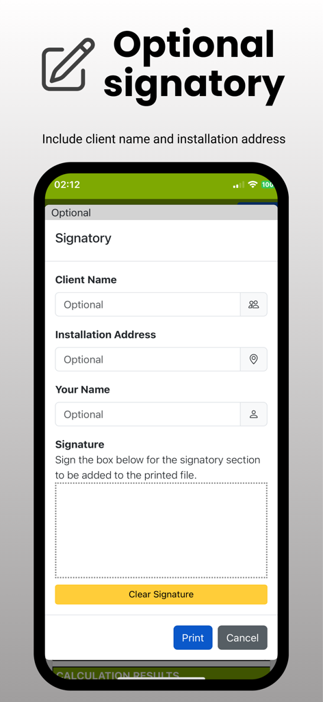 Cable Calc - Optional signatory screen in the Cable Calc app showing fields for client name installation address and digital signature