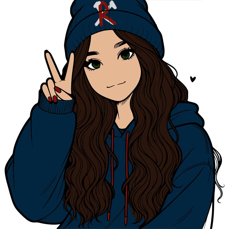a teenage girl in a beanie, oversized sweatshirt, wavy long hair, and is showing a ✌️